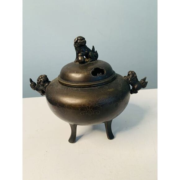 Shuraku Period Chinese Bronze Lion Inlaid Incense Burner Foo Dog Foot Feng Shui - Picture 8 of 12